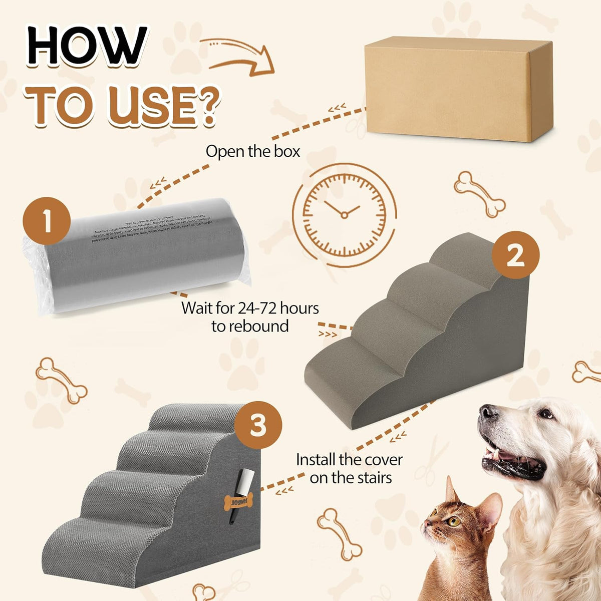 Dog Stairs, Romrol Dog Steps Ramp for High Bed and Couch, Dogs Ramp with Durable Non-Slip Waterproof Fabric Cover, Pet Stairs for Small Dogs and Cats or Pets Joints, 4-Tiers,Grey