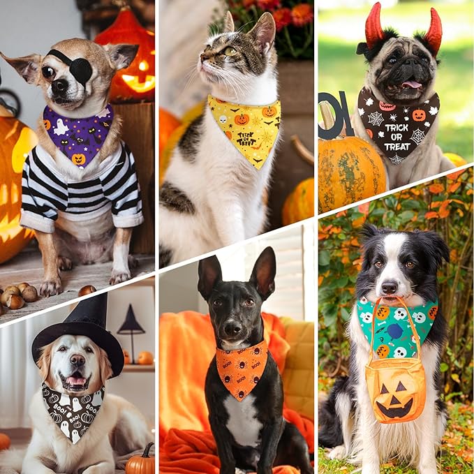 Preboun 200 Pcs Halloween Dog Bandanas Bulk Pumpkin Ghost Bandanas for Dogs Colorful Triangle Kerchief Bibs Scarf Set for Pet Costume Photo Props Accessories Pet Shops Adoption Events, 25 Styles