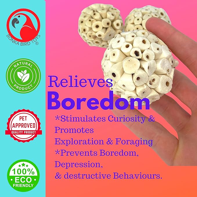 Bonka Bird Toys 1214 Pk3 All-Natural Sola Atta Balls, 3-Pack, 2" Diameter, Soft and Lightweight Chew and Foot Toys for Birds, Small Pets, and DIY Crafts, Safe for Parrots, Parakeets, and Cockatiels