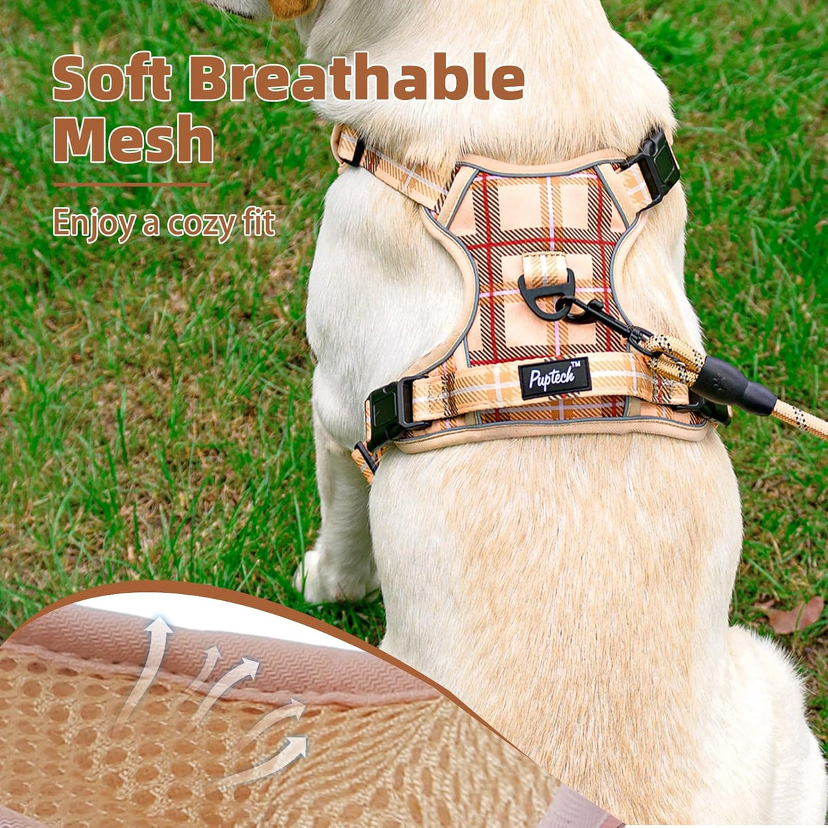 PUPTECK No Pull Dog Harness for Large, Adjustable Reflective Dog Harness with Handle Easy Control, Comfortable Soft Padded Pet Vest Harness for Large Dogs, Plaid Beige L