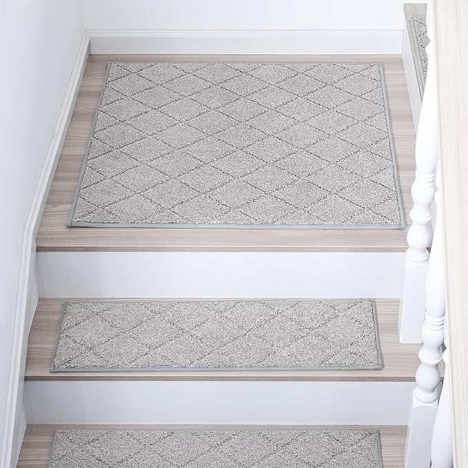 COSY HOMEER Edging Stair Treads Non-Slip Corner Indoor Stair Runners for Wooden Steps,Landing Slip Resistant Stair Rugs Mat for Kids and Dogs,100% Polyester TPE Backing,Grey,30x30 inch
