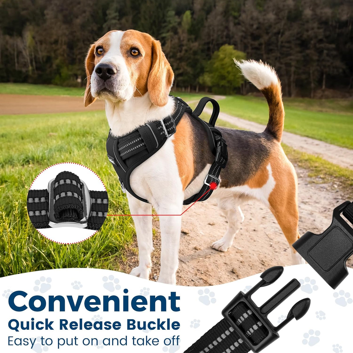 Funfox Dog Harness No Pull, Adjustable Dog Vest Harness Super Soft, 2 Leash Clips Anti Pull, Vertical Handle Easy to Control, Reflective Night Walking for Large Breed, Black, L