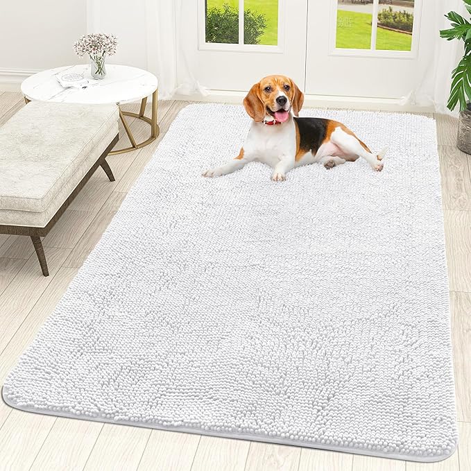 OLANLY Dog Door Mat for Muddy Paws 59x35, Absorbs Moisture and Dirt, Absorbent Non-Slip Washable Doormat, Quick Dry Chenille Mud Mat for Dogs, Entry Indoor Entryway Carpet for Inside Floor, White
