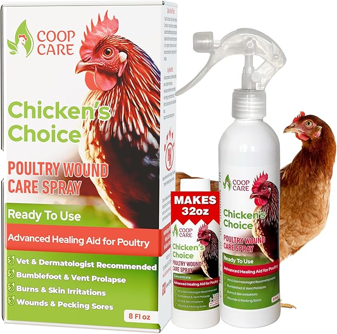 Chicken's Choice Wound Care for Chickens & Birds. Advanced Wound Care Spray for Poultry. Works for Bumblefoot, Vent Prolapse, Pecking Sore, Burns & Skin Irritations. Makes 32 oz Spray.