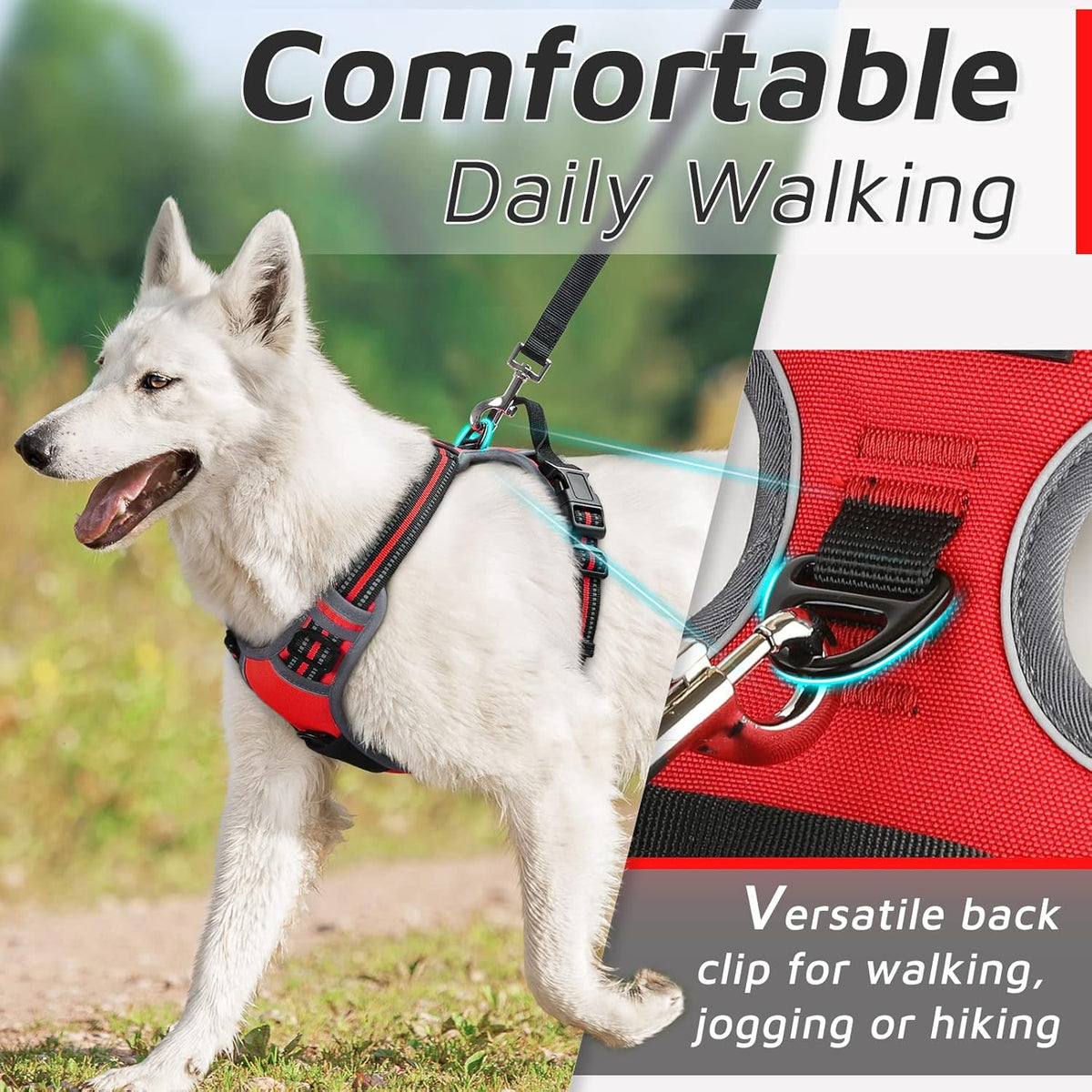 Eagloo Dog Harness Large Breed, No Pull Service Vest with Reflective Strips and Control Handle, Adjustable and Comfortable for Walking, No Choke Pet Harness with 2 Metal Rings, Red, XL