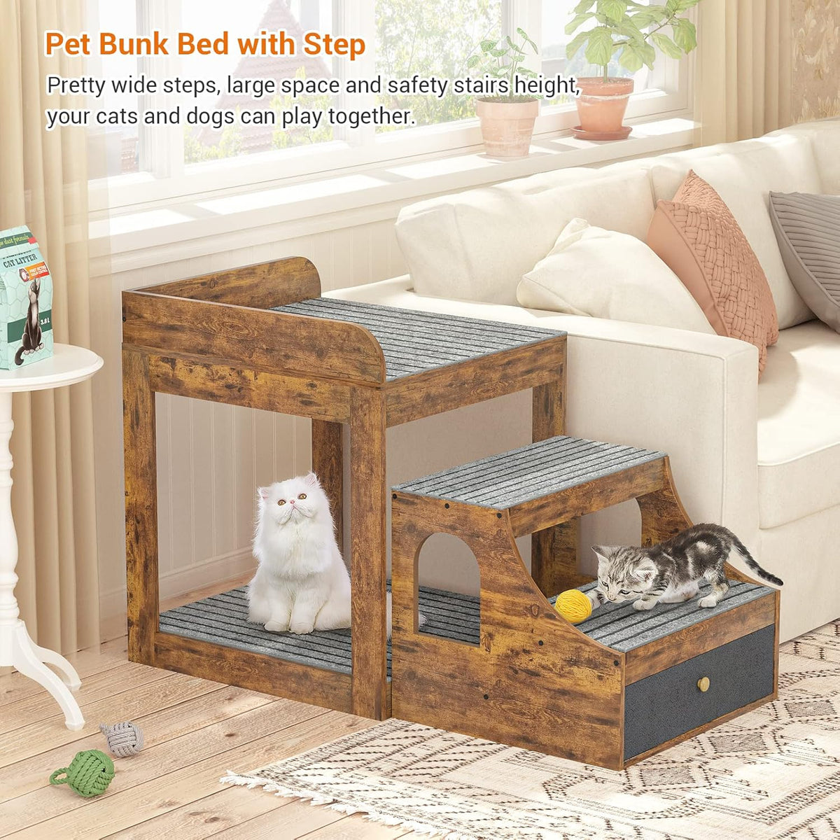 Pet Window Perch with Stairs, Super Large Pet Bunk Bed for Cats, Multi-Level Pet Seat Platform with Mats, Pet Bed Couch with Drawers for Bedside, Home, Indoor Use, Large Size, R