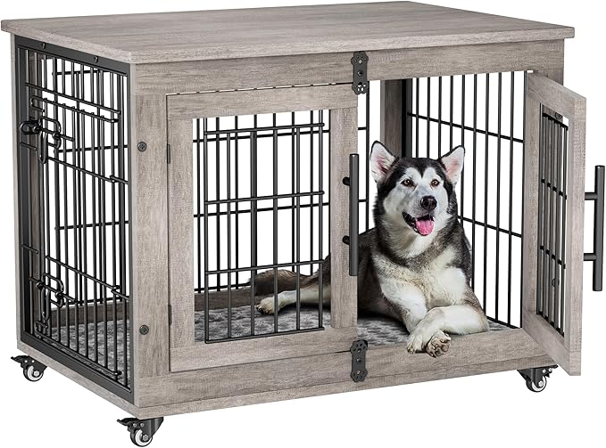Lulive Dog Crate Furniture Set of 2, Dog Kennel Indoor Double Doors Wooden Dog Cage, 32'' Heavy Duty Dog Crate with Cushion & Wheels, End Table Pet House Chew-Resistant Up to 45 lb, Grey