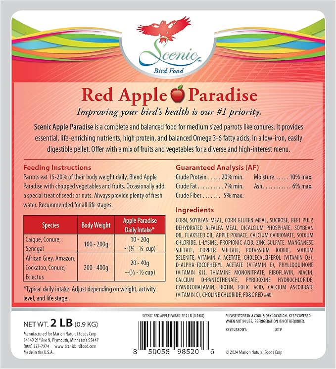 Scenic Apple Paradise Premium Parrot Food - Apple & Natural Flavors, High Protein, Low Iron Conure Bird Food, Eclectus & Other Small Pet Parrots, Omega 3, Vitamins & Minerals, 2 LB (Pack of 2)