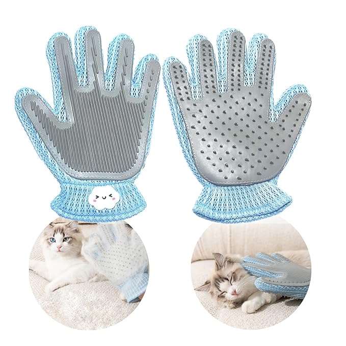 2 Pcs [2-in-1] Pet Hair Removal Gloves - Five Finger Massage Design Pet Beauty Gloves, Suitable for pet dogs and cats to prevent hair tanglings (Blue)