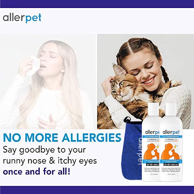 Allerpet Cat Dander Remover w/Free Applicator Mitt - Effective Cat Dander Reduction - Anti Allergen Solution Made in USA - 2 Pack (12oz)