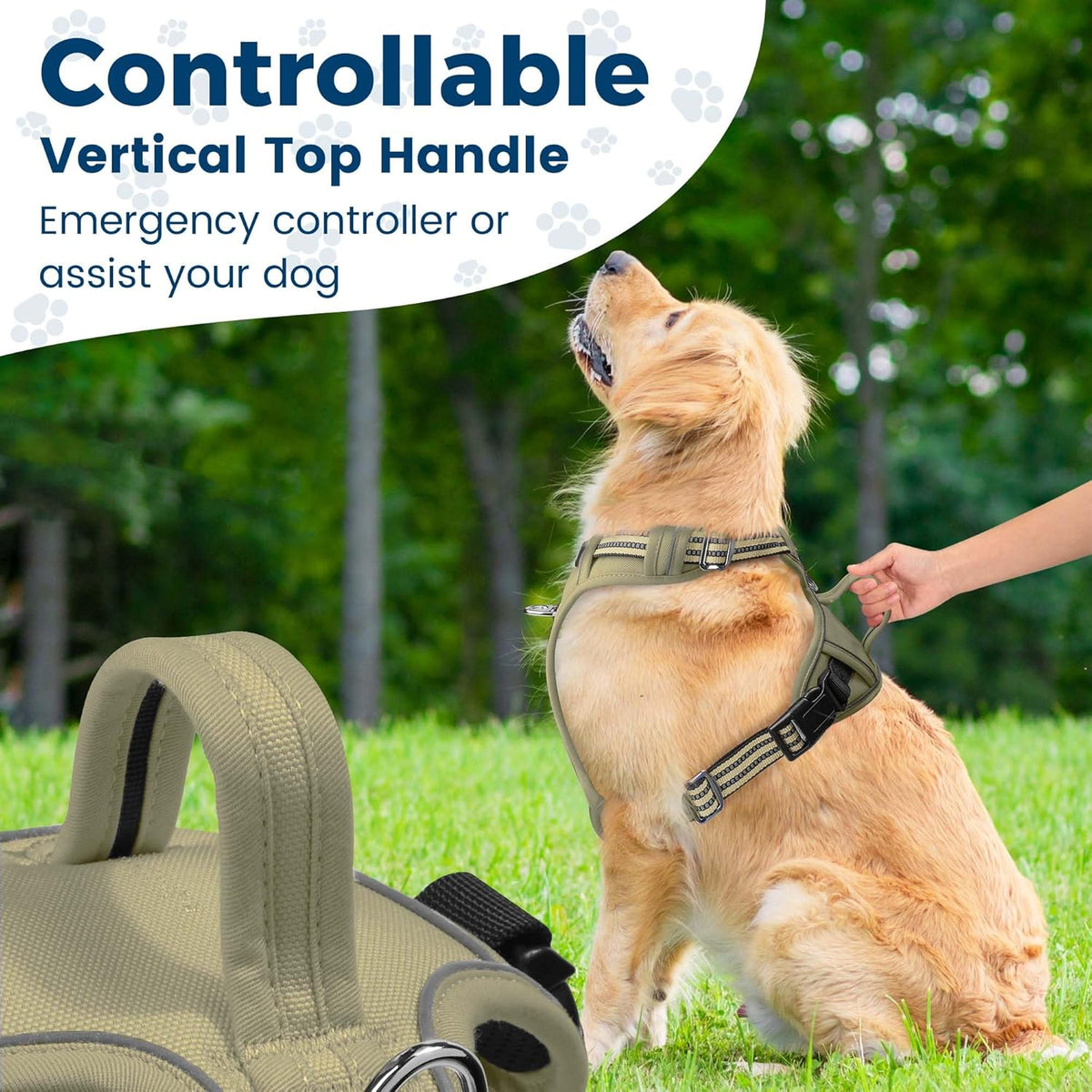 Funfox Dog Harness No Pull, Adjustable Pet Vest Harness, Super Soft Material with Vertical Handle Easy Control, Reflective Night Walking, 2 Leash Clips for Medium Sized Dogs, Army Green, M