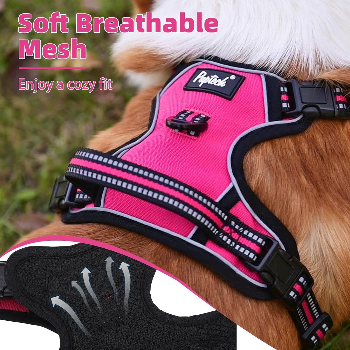 PUPTECK No Pull Dog Harness for Large, Adjustable Reflective Dog Harness with Handle Easy Control, Comfortable Soft Padded Pet Vest Harness for Large Dogs, Fuschia L