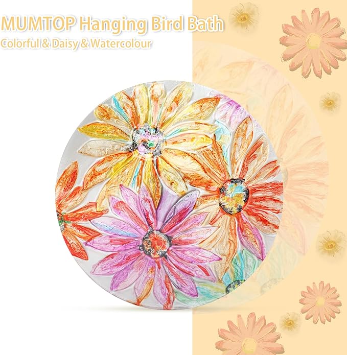 MUMTOP Hanging Bird Bath-Bird Baths for Outdoors - 12 Inch Watercolour Daisy Glass Bird Water Bowl Bird Feeders for Outside, Garden, Lawn Yard Decor