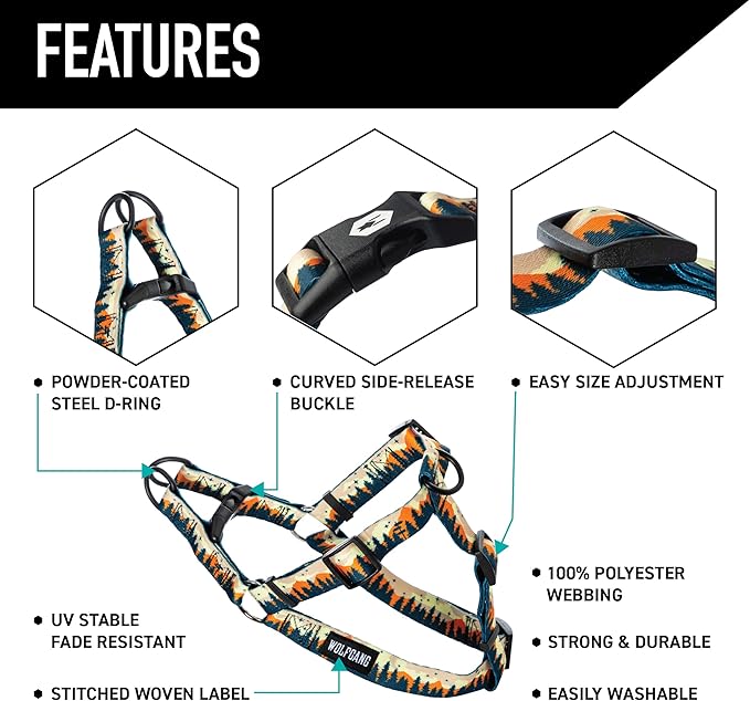 Wolfgang Heavy Duty Adjustable Dog Harness, Pull-Tested to Over 800 lbs for Walking & Training, Overland Print, Small