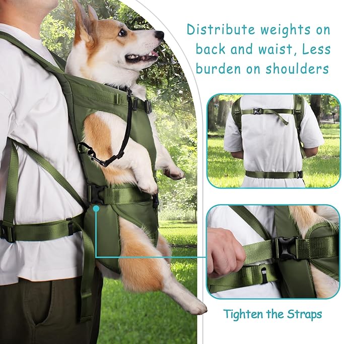 PetBonus Pet Front Dog Carrier Backpacks, Adjustable Pet Backpack, Legs Out Easy-fit Puppy Chest Carrier for Medium Small Dogs, Hands Free for Hiking, Cycling (Army Green, S)