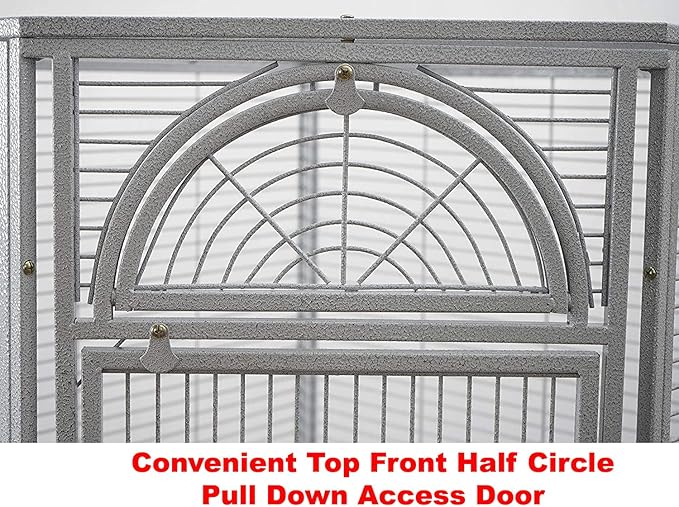 64" Extra Large Corner Bird Flight Breeding Wrought Iron Rolling Parrot Cage Side Solid Metal Plate Feed Doors Pull Out Removable Grate and Tray with Around Metal Seed Guard