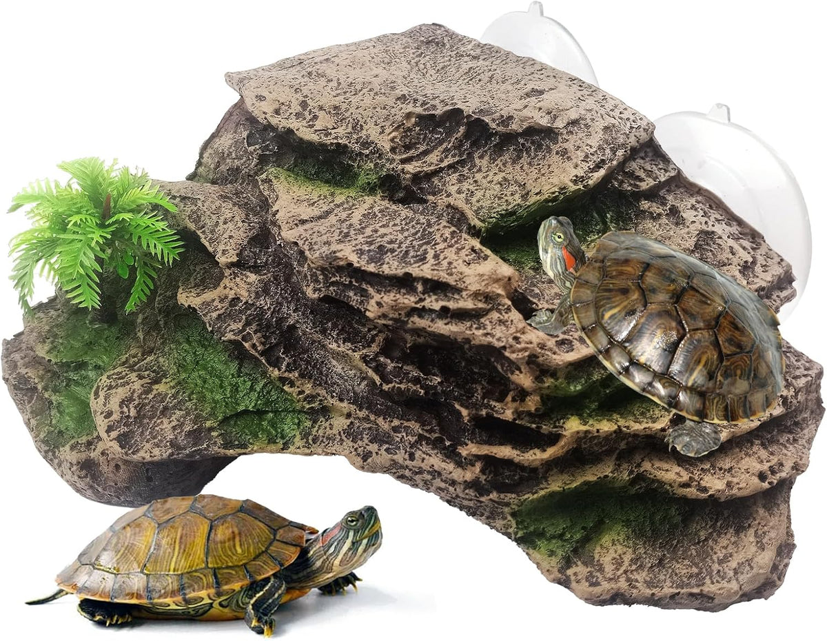 kathson Turtle Basking Platform with Suction Cup,Turtle Ramp Climbing Basking Platform Artificial Plants Decor Resting Basking Terrace Aquarium Ornament Rock for Turtle Frogs Lizards Bearded Dragon