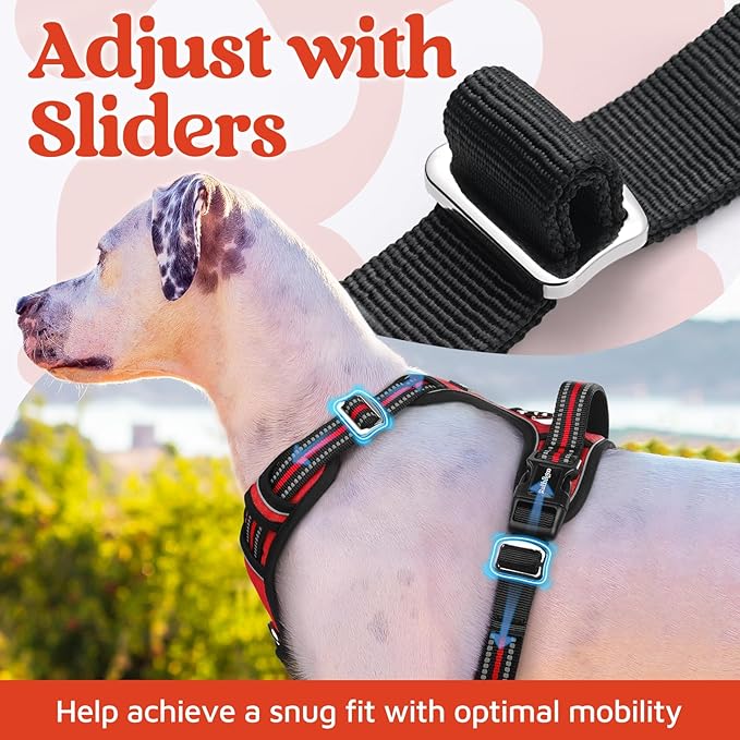 rabbitgoo Dog Harness Medium Sized, No Pull Dog Vest with 3 Buckles, Adjustable Soft Padded Pet Harness with Easy Control Handle and Reflective Strips, Red, M