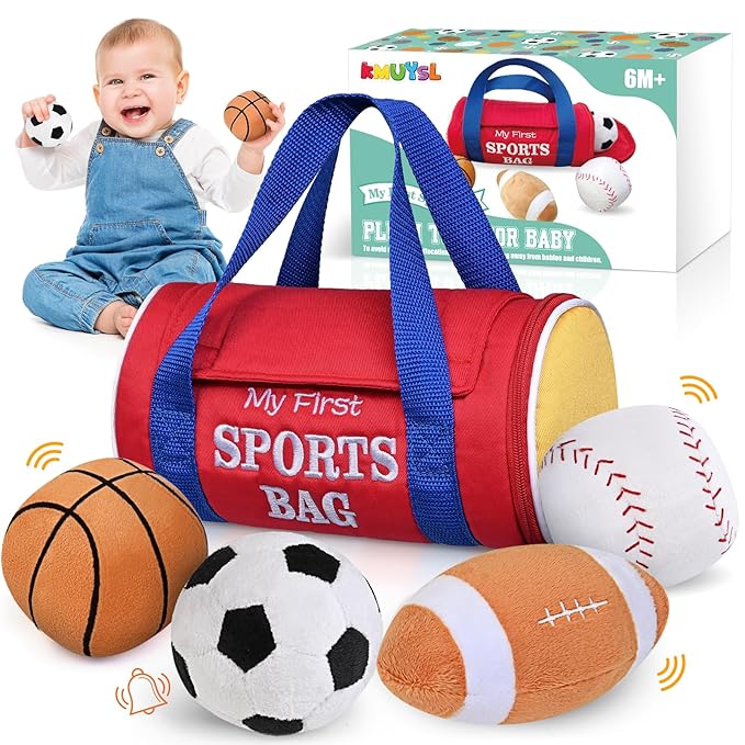 KMUYSL Baby Toys 0-12 Months, My First Sports Bag Plush Toy - 4 Sensory Balls Soft Toys with Crinkle, Rattles for 0-3-6-9-12 Month Newborn Infant, 1st Birthday for Babies Boys Girls Age 1