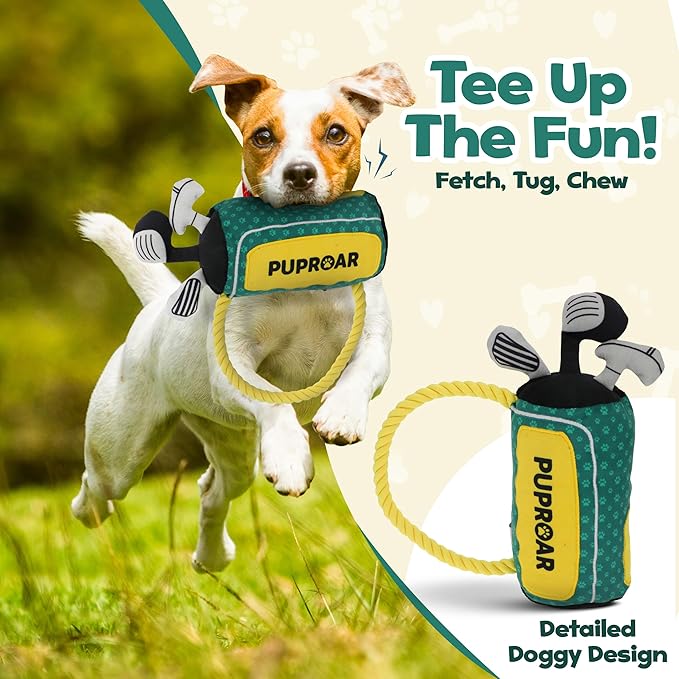 Golf Dog Toy – Birthday Dog Toy, Funny Plush Squeaky Puppy Gift with Rope & Crinkle, Golf Bag Gift