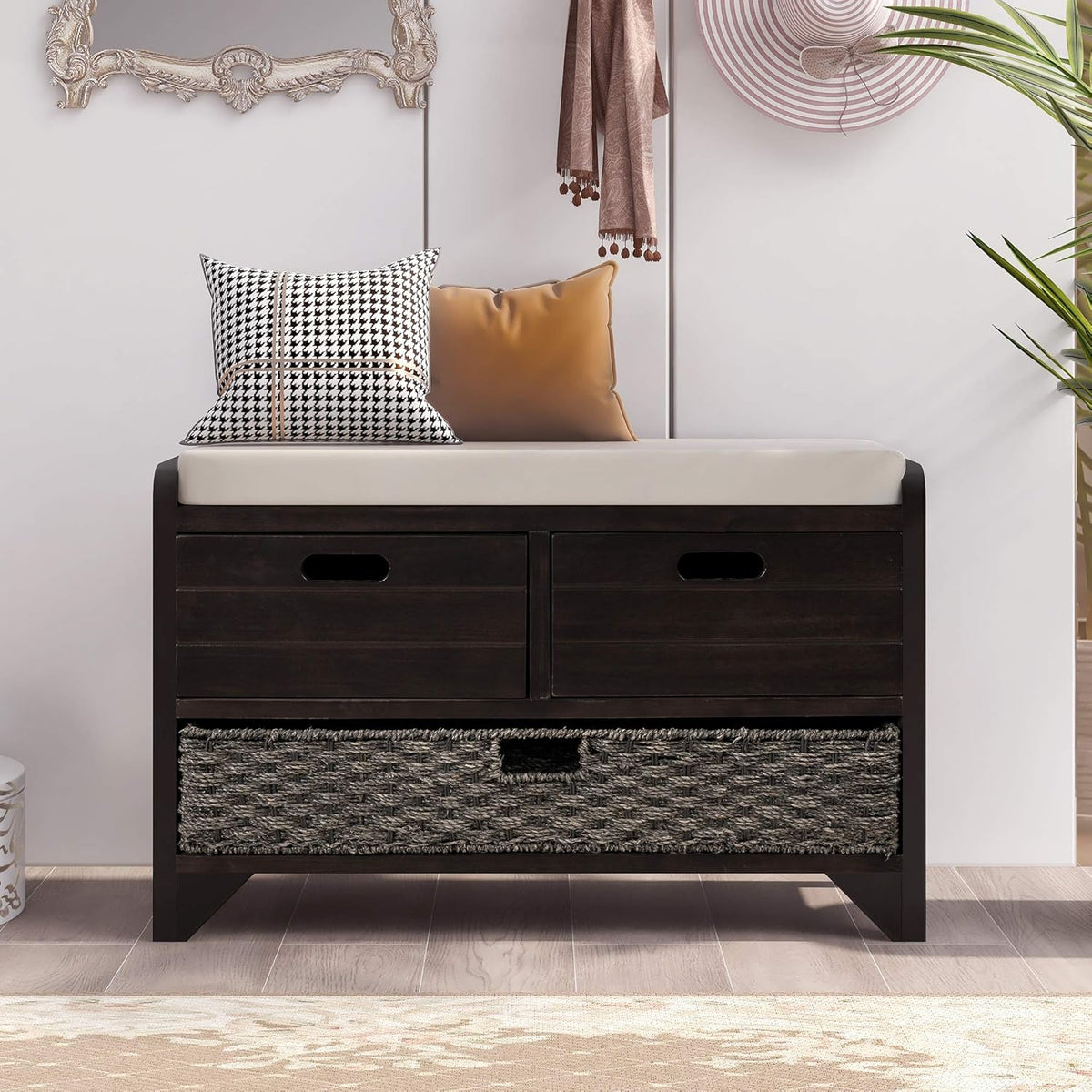 Storage Bench with Removable Basket 2 Drawers Fully Assembled Acacia Wood Shoe Bench Standing Shoe Rack Removable Cushion for Living Room, Entrance Hallway, No Assembly Required Espresso
