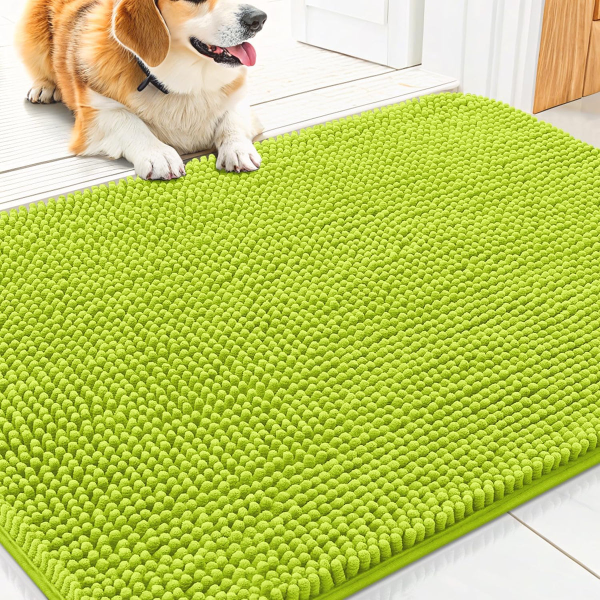 Smiry Dog Door Mat for Muddy Paws 30x20, Absorbs Moisture and Dirt Doormat, Non-Slip Washable Quick Dry Chenille Front Door Mat Indoor Entrance, Entryway Carpet for Inside Floor, Bright Green
