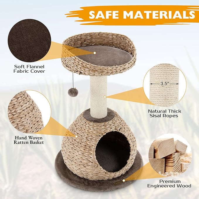 Tangkula Modern Cat Tree, Small Cat Tower with Natural Sisal Scratching Post, Hand-Made Wicker Cat Condo & Top Perch, Funny Hanging Toy Ball, Cute Cat Tree Tower for Indoor Cats