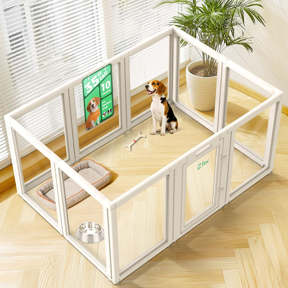 FXW AuraSpace Acrylic Indoor Unleashed Dog Playpen for Medium Dogs, 35 Inch, 10 Panels, White