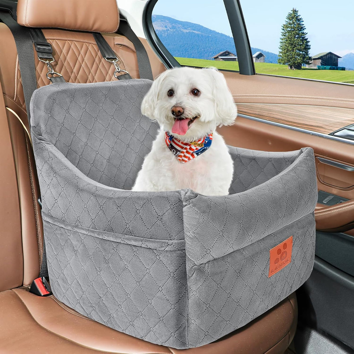 Dog Car Seat for Small/Medium Dogs, Dog Booster Car Seats with Thick Cushion for Dogs Under 35lbs, Detachable Washable Pet Car Seat with Storage Pockets, 2 Safety Belts