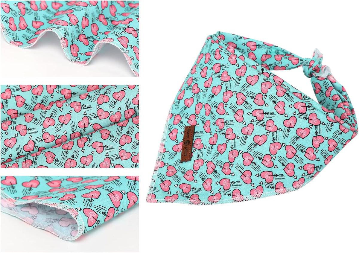Lionet Paws Valentine Dog Bandana for Small Medium Dogs,Blue Green Hearts Kerchief Washable Dog Triangle Bibs Scarf for Girl or Boy Gift