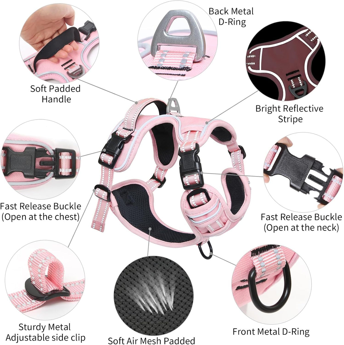 Timos Dog Harness, 3 Snap Buckles No-Pull Soft Padded Dog Vest with 2 Metal Leash Clips, Adjustable Reflective No Choke Pet Harness with Easy Control Handle for X-Small Dogs,Pale Pink,XS