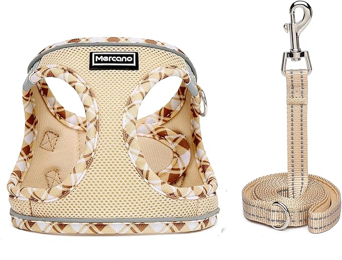 Mercano Soft Mesh Dog Harness and Leash Set, No-Chock Step-in Reflective Breathable Lightweight Easy Walk Vest Harnesses with Safety Buckle for Small Dogs, Cats (Beige, XXS)