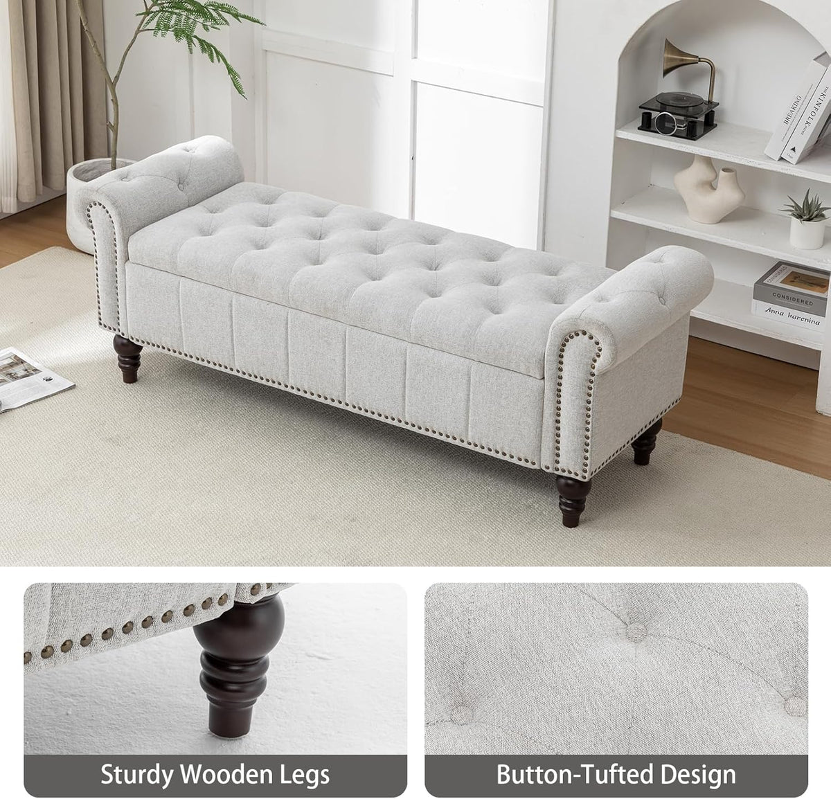 58’’ Storage Bench for Bedroom, Upholstered Button-Tufted Ottoman with Solid Wood Legs, Queen Size End of Bed Shoe Cabinet, Window Seat Foot Rest Stool for Entryway, Living Room (Silver)