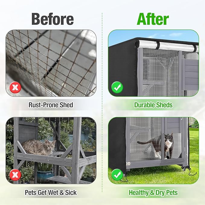 Kingling Outdoor Cat House Cover, Waterproof and Dustproof Protection Cover for Large Cat Cage Condo/Cat House Cover Black(Cover Only) - 32" L x 32" W x 71" H inch