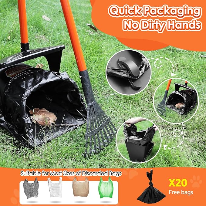Lukovee Dog Pooper Scooper, 37.4" Long Adjustable Metal Handle Swivel Bin & Rake & Spade Kit with 20 Poop Bags, Portable Dog Non-Breakable Poop Scooper for Gravel Yard Lawn Grass, Orange