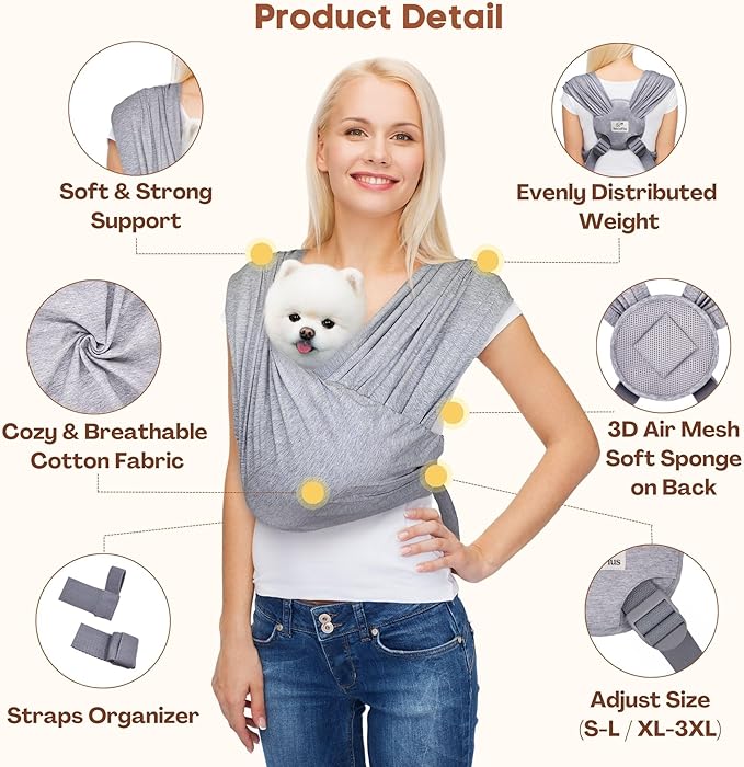 Dog Carrier for Small Dogs, Front Facing Dog Carrier Sling, Hands Free Cat Sling, Size Adjustable, Reducing Back Pain, Soft Cotton, Premium Dog Sling Carrier (Plus, Heather Gray)
