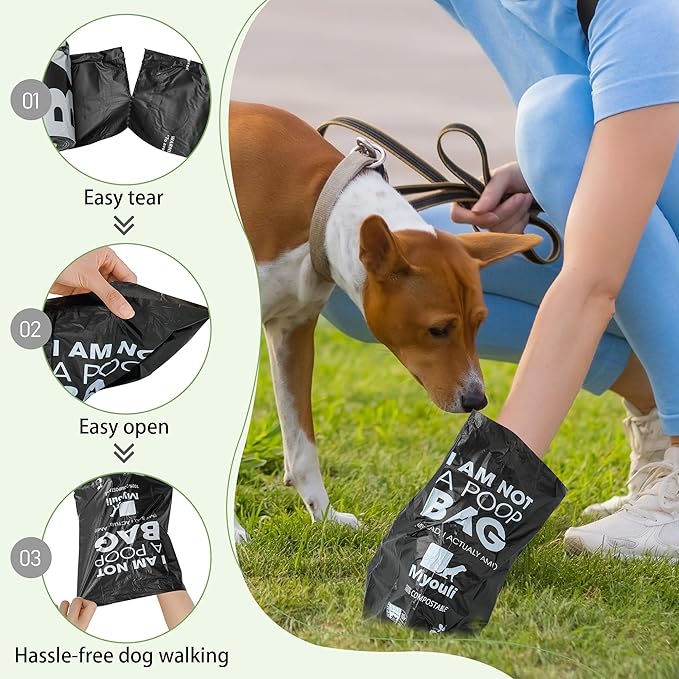 100% Certified Compostable Dog Poop Bag Rolls, 120 Bags (8 Rolls) Eco-Friendly Poop Bags for Dogs, Leak Proof Unscented Easy Open Poop Waste Bag（Black）