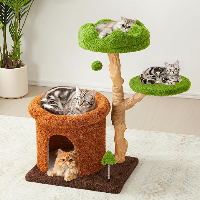32-Inch Multi-Level Cat Tree Tower, Natural Wooden Cat Furniture with Sisal Scratching Posts, Beds & Condo, Cute Cat Tree for Indoor Cats, Multi-Cat Householdsolds