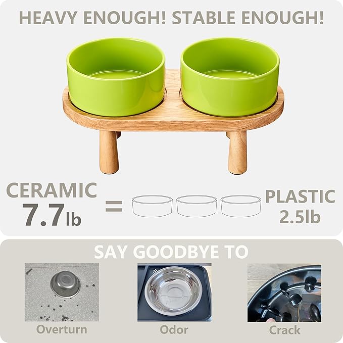 Ceramic Elevated Dog Bowls, Pet Food and Water Bowl Set for Large Dogs, 7.5 Cups Dog Bowls Raised with Wood Stand, 61OZ, Green