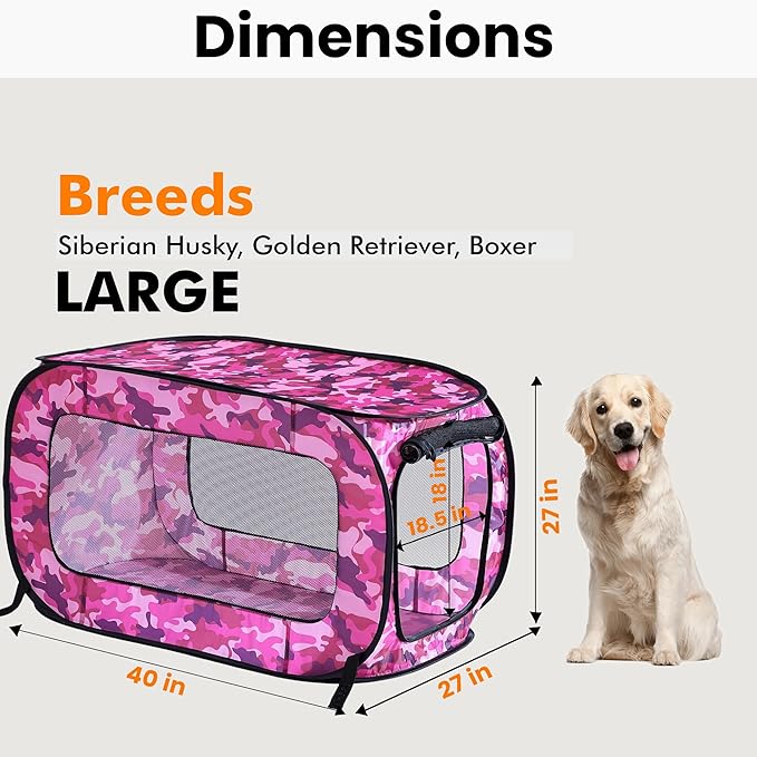 Beatrice Home Fashions Portable, Collapsible, Pop Up Kennel Travel Cat and Dog Crate, 40" L x 27" W x 27" H, Camo Pink