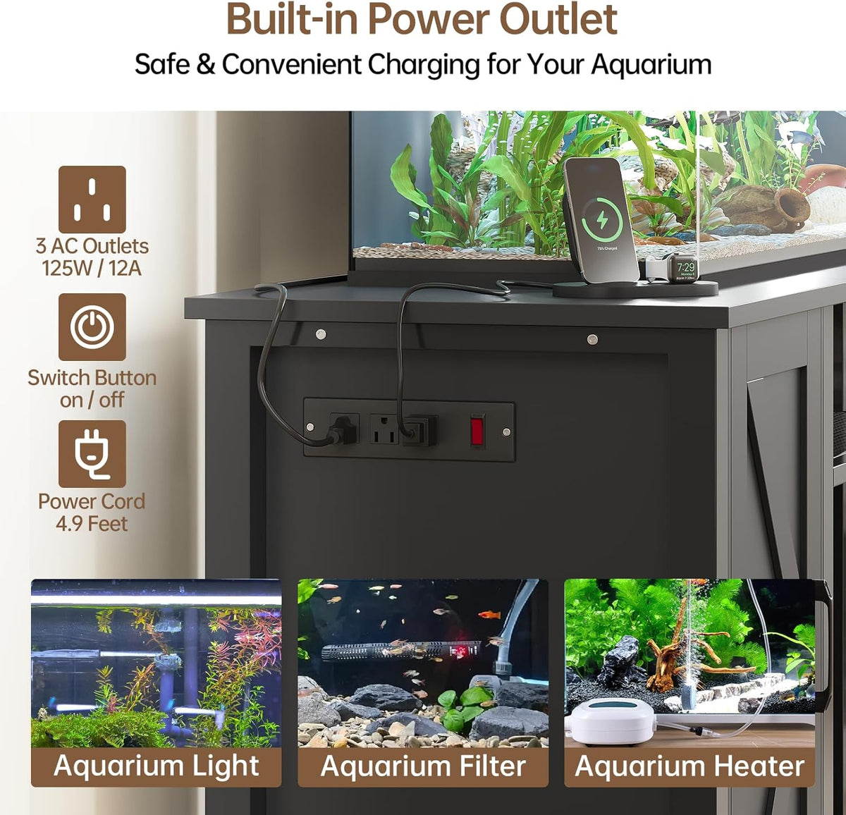 Aquarium Stand with Power Outlets, 55-75 Gallon Heavy Duty Fish Tank Stand with Cabinet Storage & Adjustable Shelf, for Fish Tank, Turtle Tank, Reptile Terrarium, 1000LBS Capacity, Black