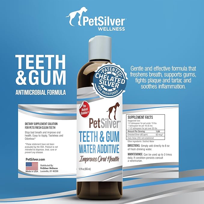 PetSilver Teeth & Gum Water Additive for Dental Care - Pet Breath Freshener - Targets Tartar, Plaque & Eliminates Bad Breath - Dog Oral Care & Cat Teeth Cleaning - No Brushing & Tasteless - 12 fl oz