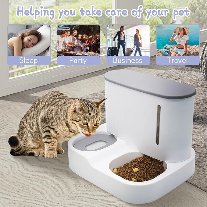 Kathson Automatic 2 in 1 Cat Feeder and Water Dispenser, Gravity Feed Pet Feeder for Indoor & Outdoor Cats (Grey)