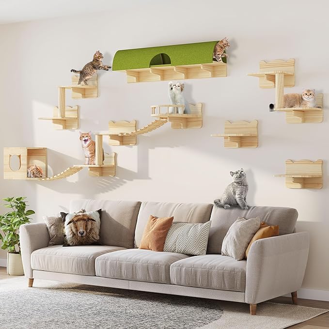 Cat Wall Shelves, Cat Wall Furniture Pine Wooden Feline Shelf, 16 Piece Feline Shelves and Perches with Condos, House, Steps, Bridge Ladder, Scratching Post and Tunnel