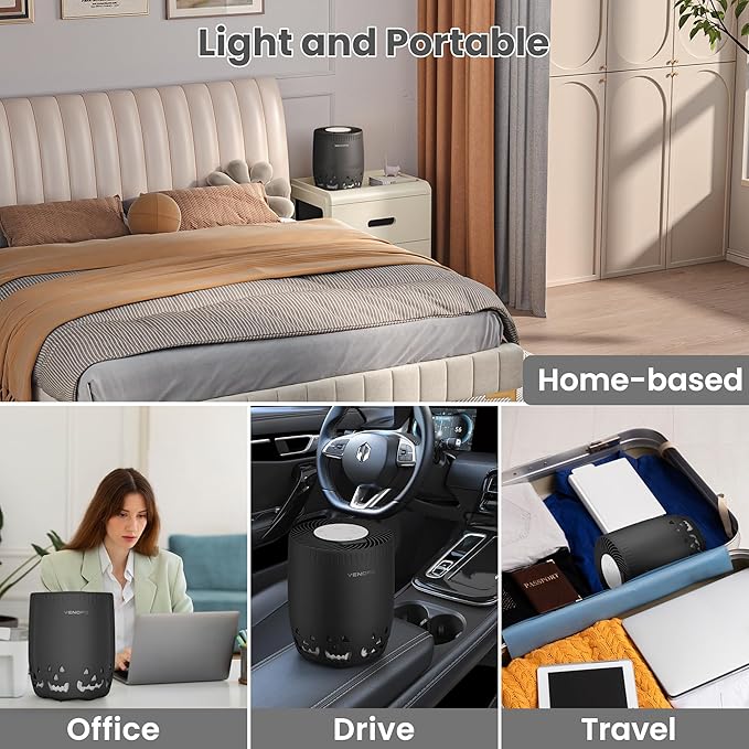 Air Purifiers for Home Bedroom up to 1076ft², True HEPA Air Filters Dust Pets Smoke Hair, 3 Fan Speeds Quiet, Timer Settings, Rechargeable Air Cleaner Office, Bedroom, Pets, Car(Black)
