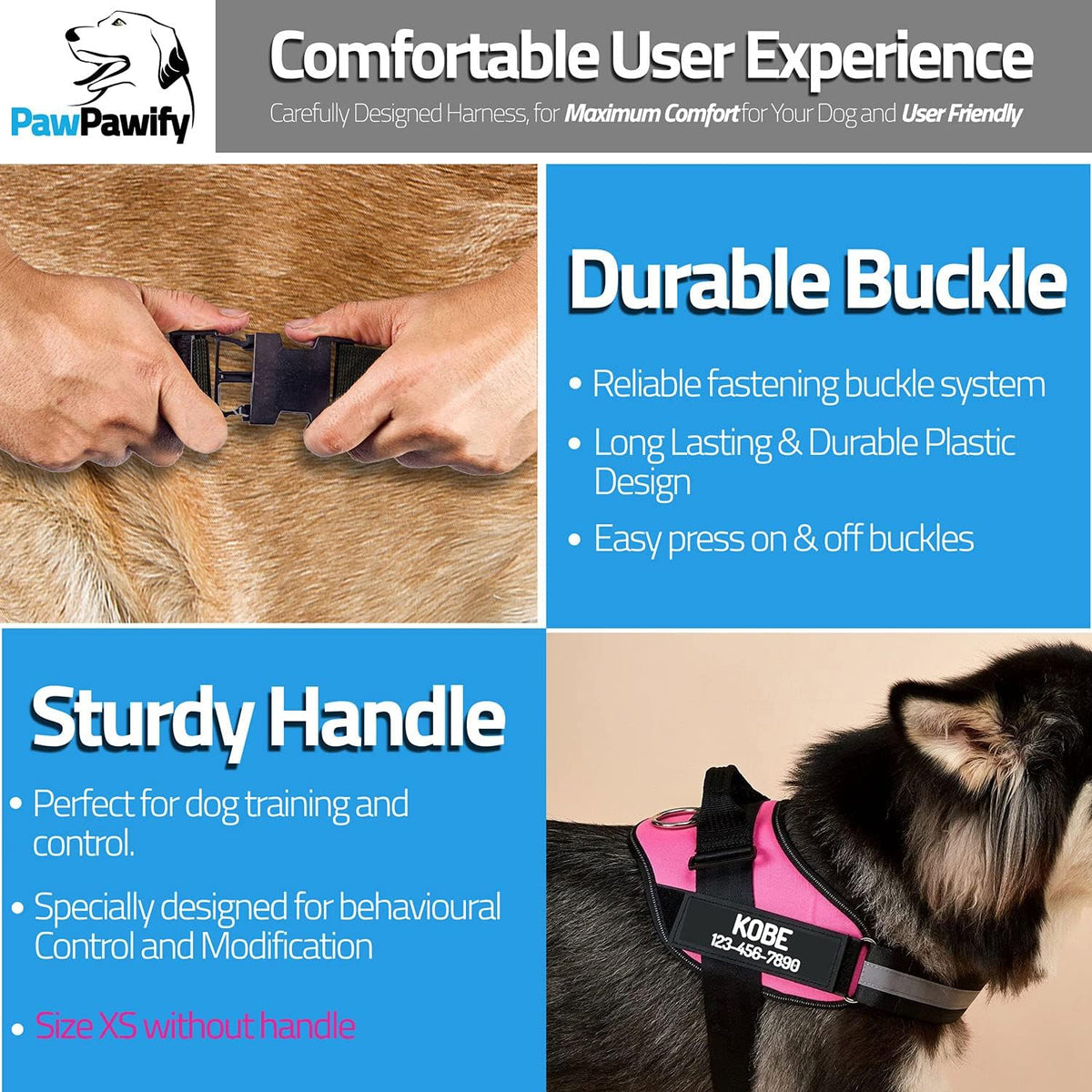 PawPawify Custom No Pull Dog Harness with Name and Phone Number, Heavy Duty Personalized Pet Vest to Prevent Tugging, Pulling, or Choking, Training and Walking (Blue, XS (5-9LBS))