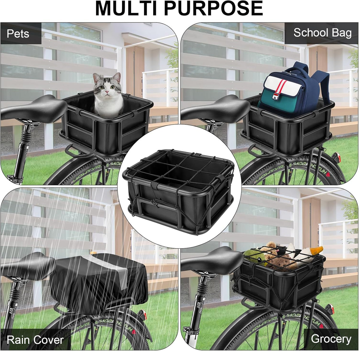Bike Basket Rear with Liner,Waterproof Cover,Cargo Net Large Rear Bike Basket,Heavy Duty Bicycle Rear Basket for Electric Bike, Ebike,Great for Bike Trip,Carrying Grocery,Ball,Dog