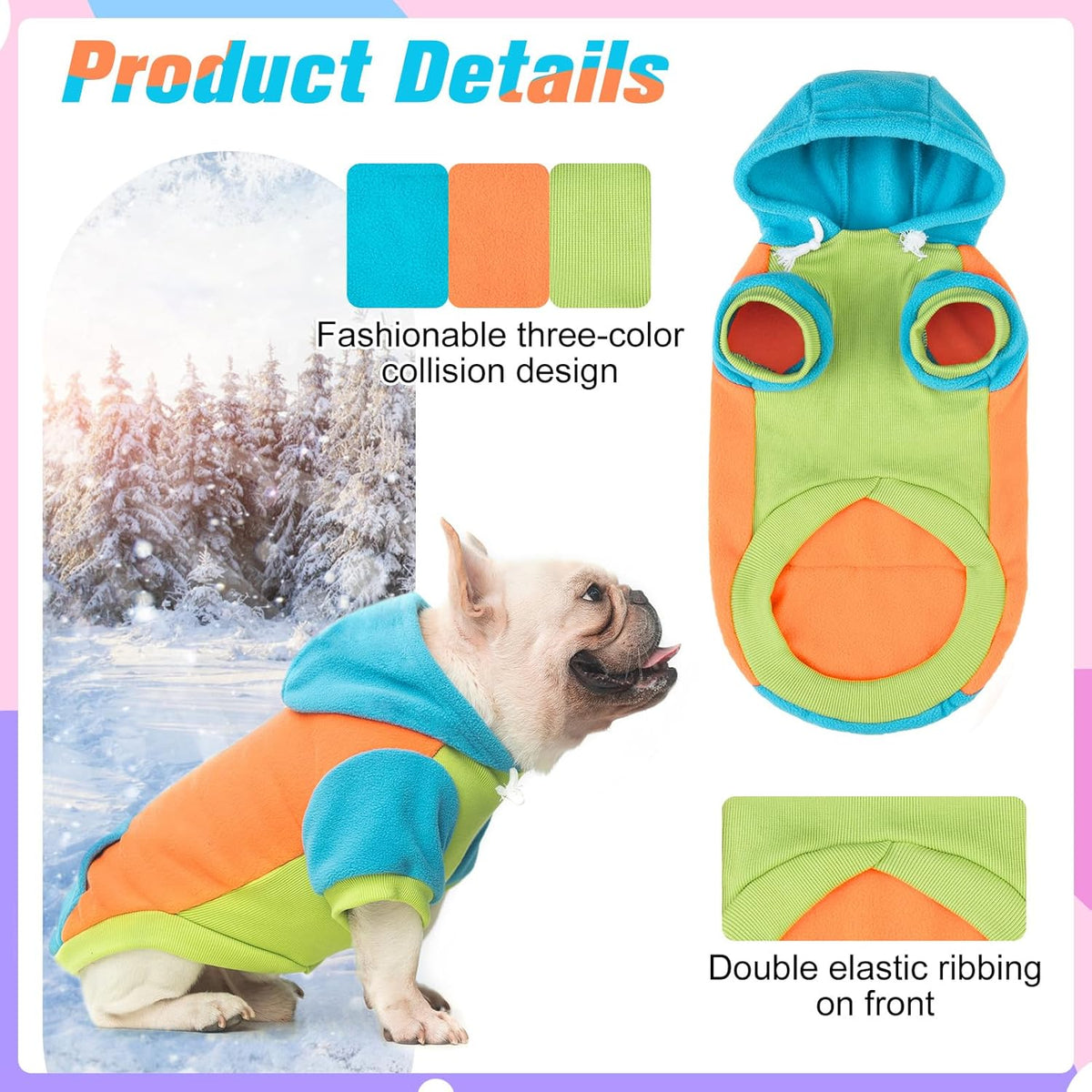 BEAUTYZOO Fleece Dog Hoodie Sweatershirt with Pocket and Leash Hole, Stretchy Small Medium Large Sized Dogs Clothes for Fall Winter Cold Days, Color Designer Warm Dog Jackets,French Bulldog Coats