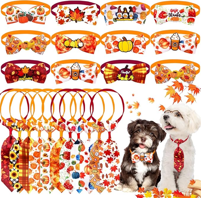 22pcs Fall Dog Bow Tie, Adjustable Bowtie Collar Attachment for Small Medium Pets, Bulk Neckties Set for Thanksgiving Day,Autumn Pet Supplies Charms Hair Costume Accessories(Maple Leaf, Pumpkin)
