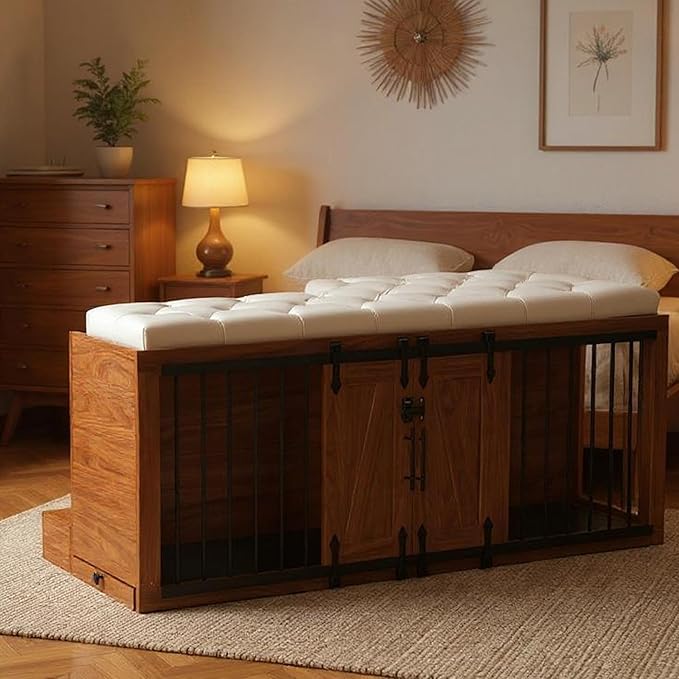 56" L Dog Crate Furniture with Padded Seat, End of Bed Bench Ottoman with Cushion, Wooden Dog Kennel with Pet Stairs & Sliding Barn Door for Bedroom, Living Room, Walnut